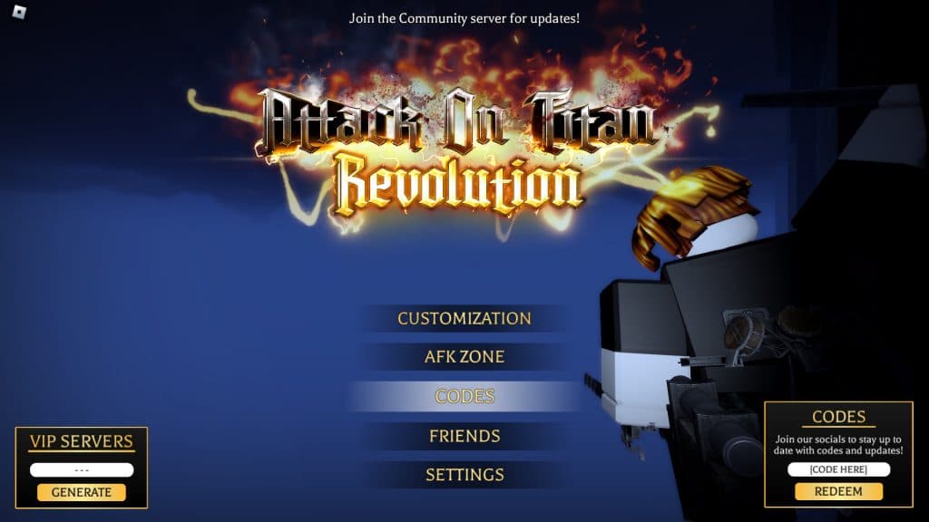 Attack on Titan Revolution codes redemption page.