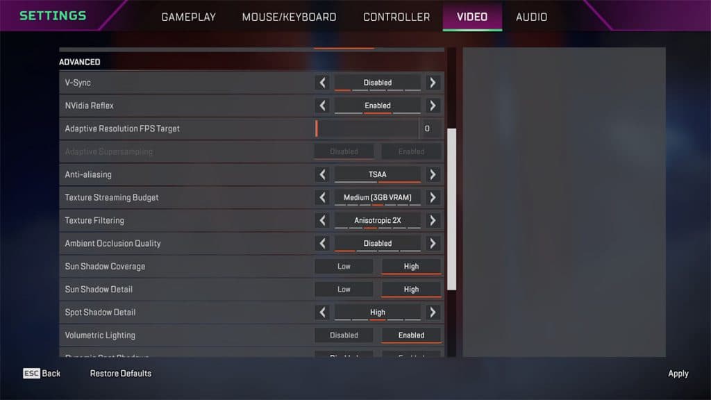 Apex Legends video settings menu