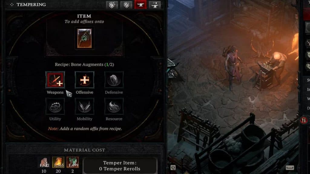 Tempering menu in Diablo 4