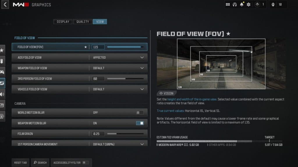 FOV Slider in MW3 Graphics' View settings