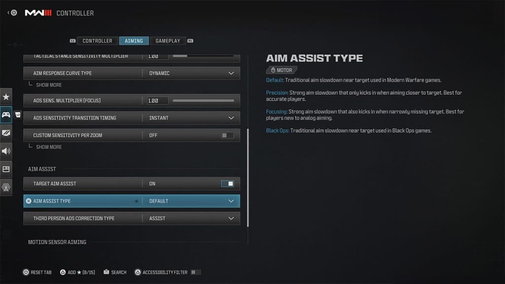 MW3 controller settings Aim Assist type