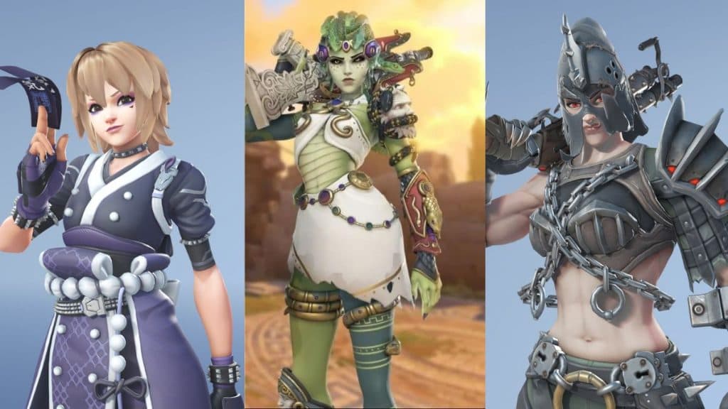 Legendary Medusa Widow Maker, Epic Visual Kei Kiriko, and Legendary Executioner Junker Queen skins in OW2