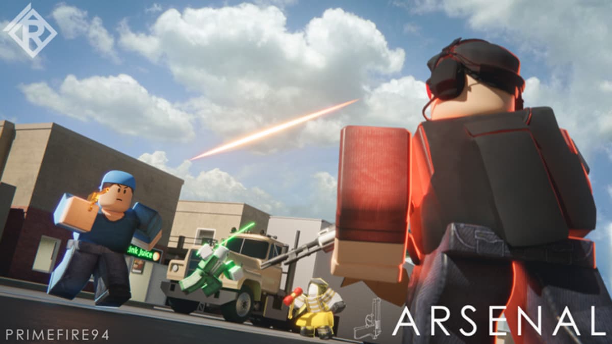 Players shooting at each other in Roblox Arsenal.